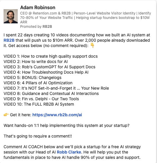 Thought Leader Ad example: Adam Robinson · CEO, RB2B