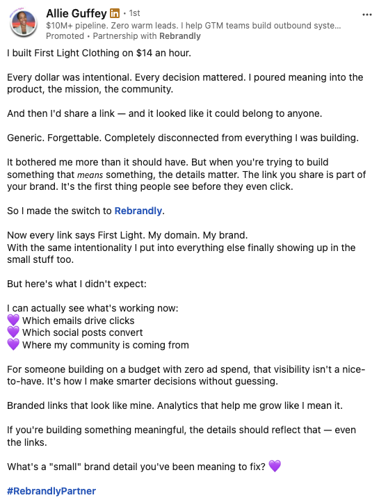 Thought Leader Ad example: Allie Guffey · Rebrandly Partner